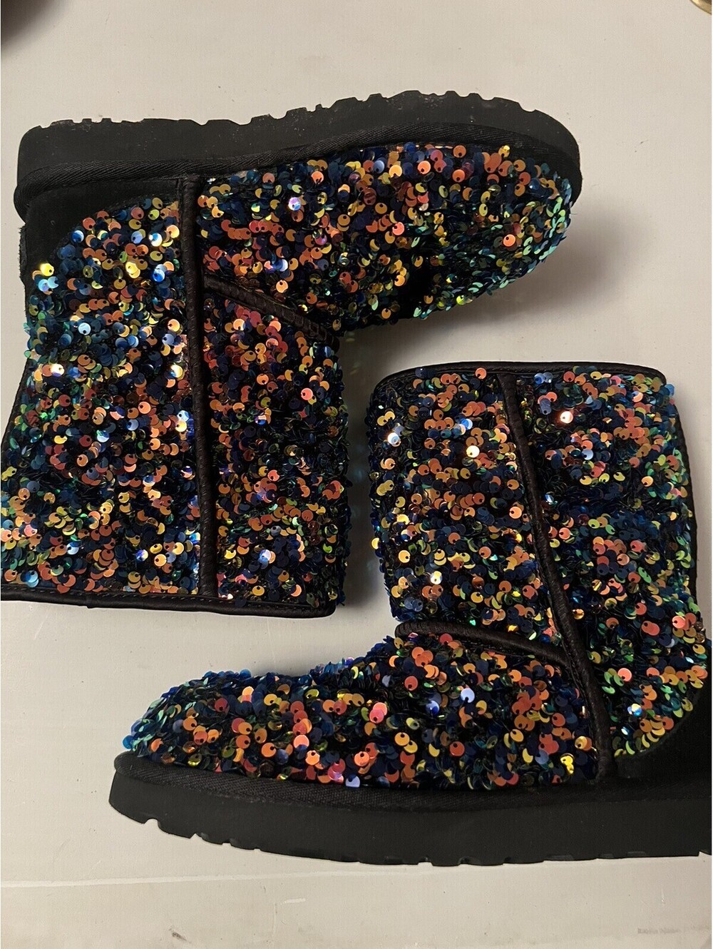 UGG CLASSIC SHORT STELLAR SEQUIN WOMEN BOOTS BLACK US 6